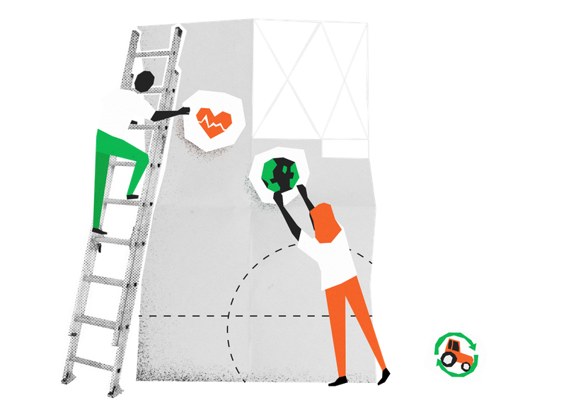 Illustration of a person on a ladder holding a heart with zigzag line through it and another person holding the world.