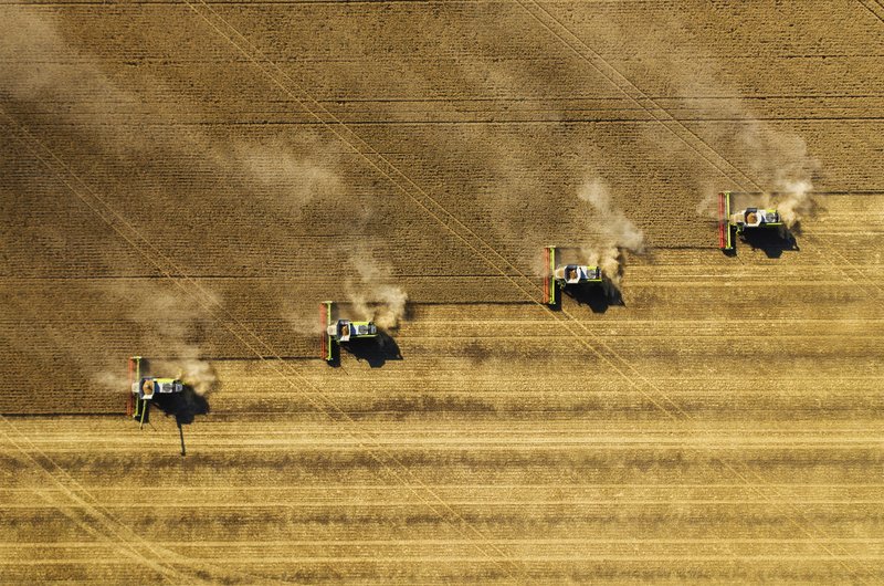 A row of combine harvesters in a crop field