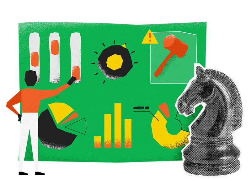 Illustration of Knight chess piece, person painting, graphs and charts.