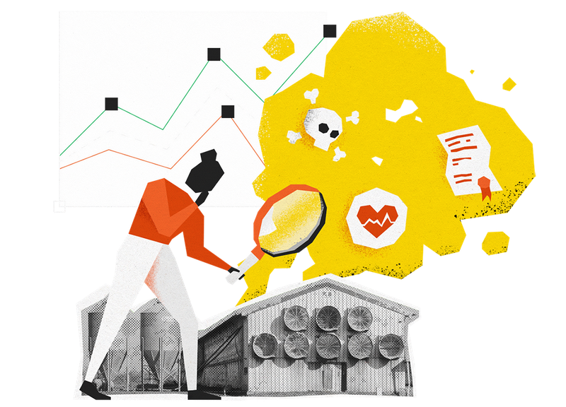 Illustration of a person holding a tennis racket, a pie chart, industrial building, skull and crossbones, heart monitor and a certificate.