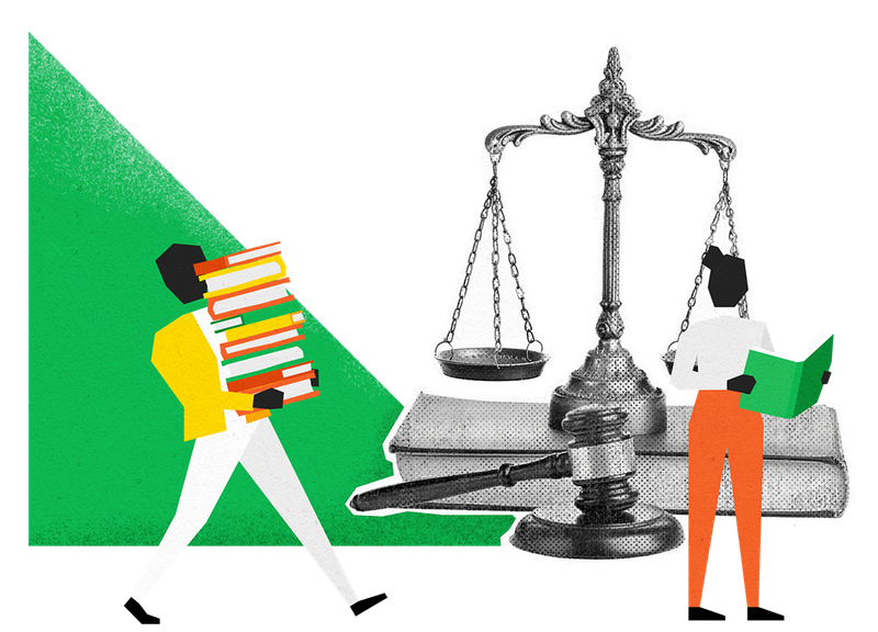 Illustration of people carry books and reading books. Justice scales and judges hammer.